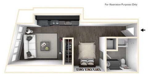 Floor plan for 1 bed, 1 bath, 556 sqft